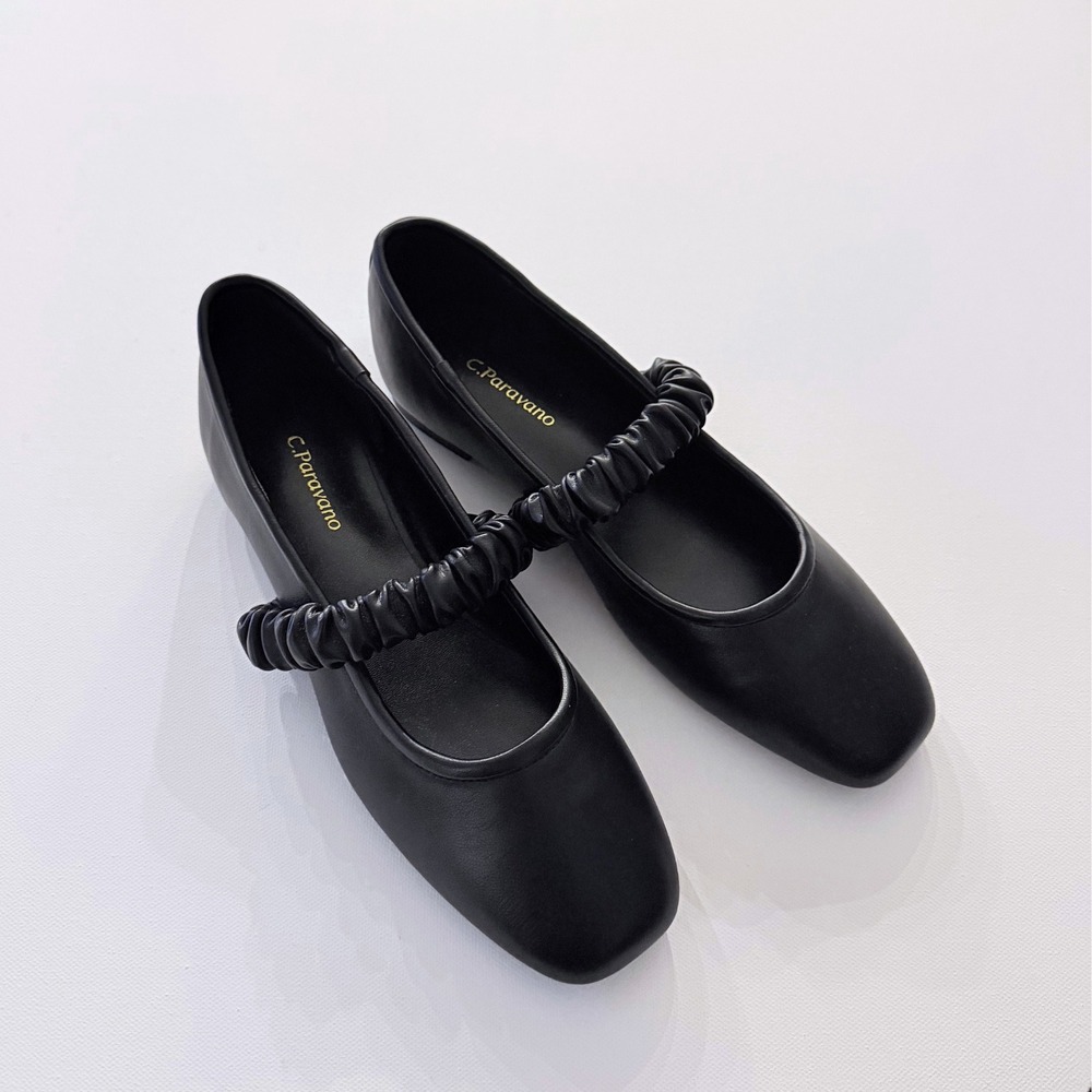 C Paravano Clara Womens Mary Jane Flats 36 Black Elastic Ruched Strap Shoes